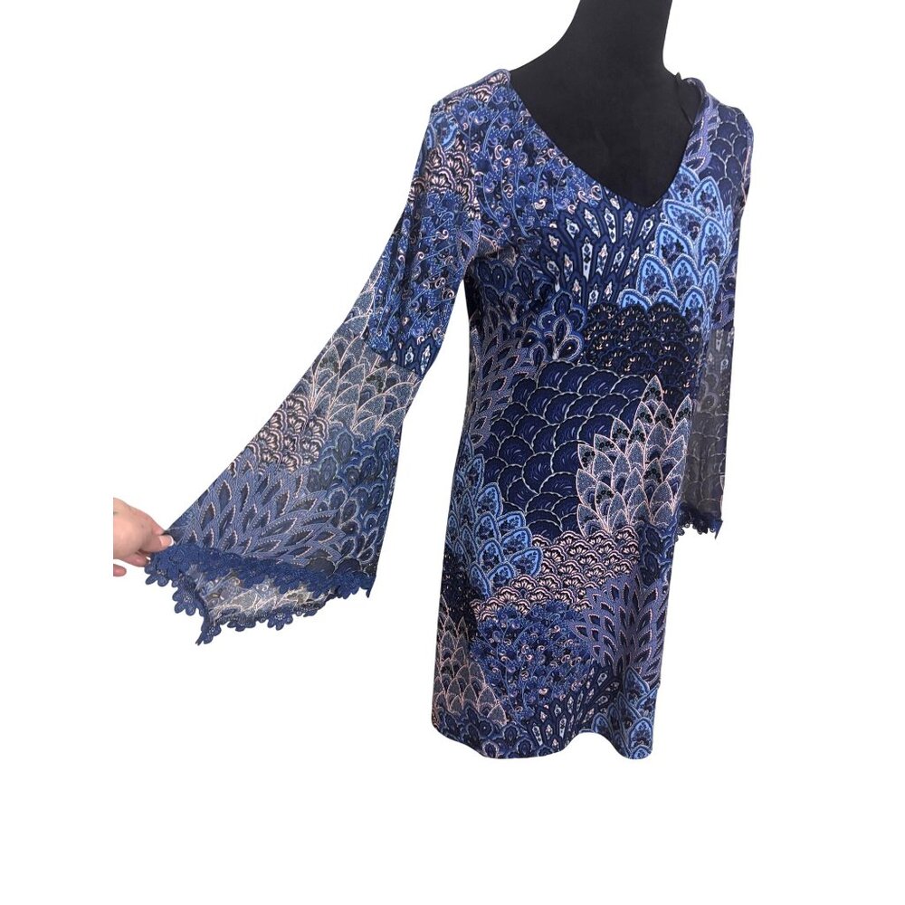 Westport 1962, Blue Paisley Dream Shift Dress With Romantic Bohemian Bell Sleeve